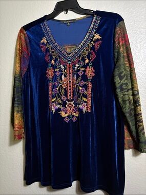 Calessa Royal Blue Velvet Embroidered V-Neck Tunic